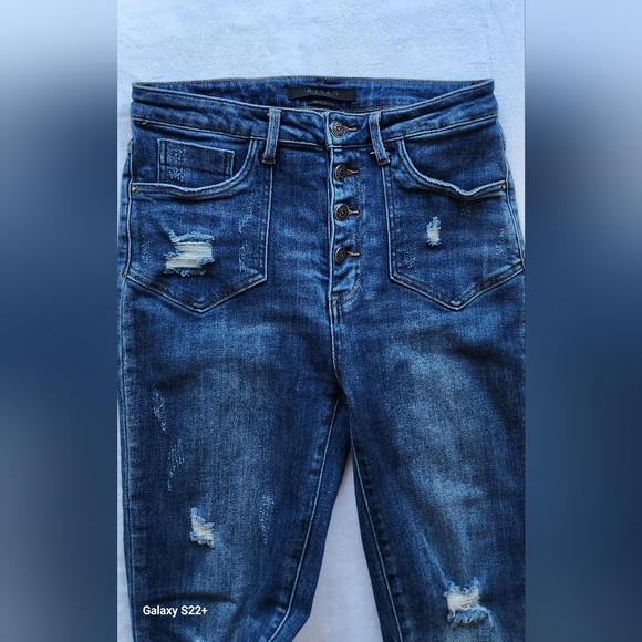 RISEN SKINNY Button Fly Distressed Denim Jeans - Picture 3 of 8